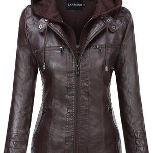 Womens Faux Leather Jacket Hooded Moto Biker Coat Outerwear Fall Fashion Outfits